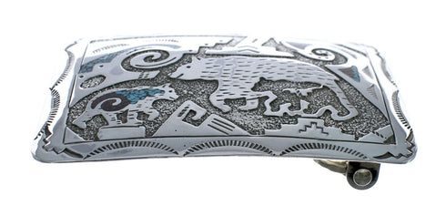Native American Navajo Sterling Silver Turquoise And Coral Bear Belt Buckle AX127949